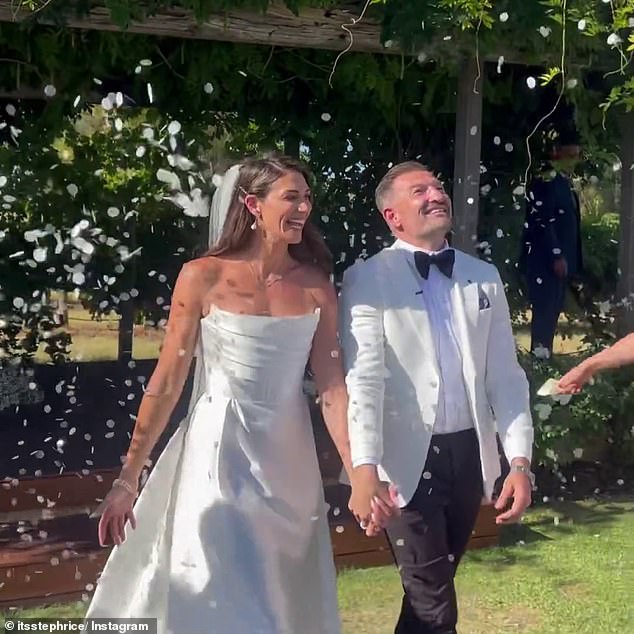 For the ceremony, Steph looked every bit the blushing bride in a beautiful strapless satin dress with a long train flowing out behind her.