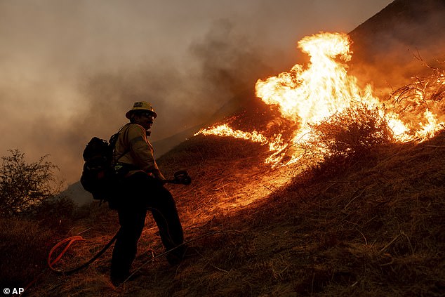 Fires have wreaked havoc in Los Angeles over the past week in multiple parts of the county; pictured firefighter at the Kenneth Fire on Thursday