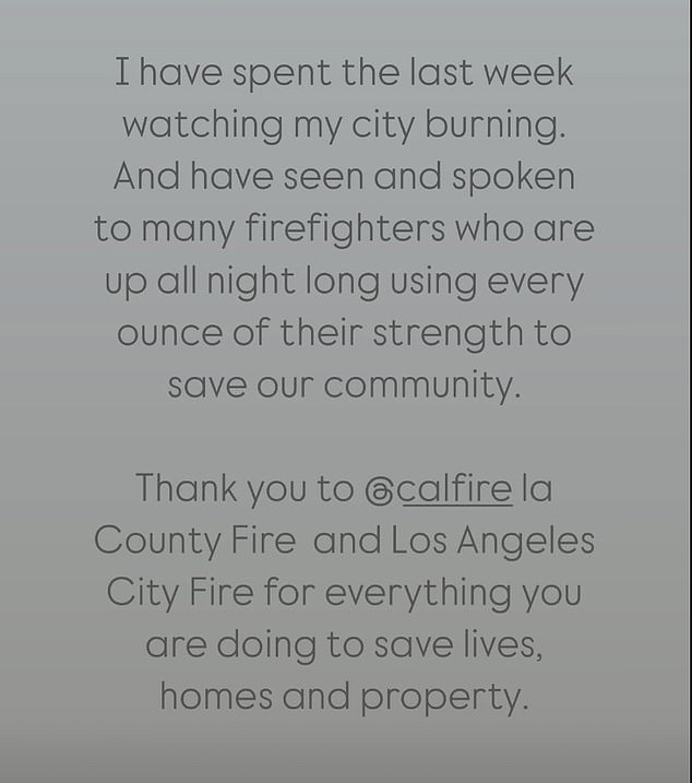 The TV personality shared the message on her Instagram stories on Saturday as the fires continue to rage