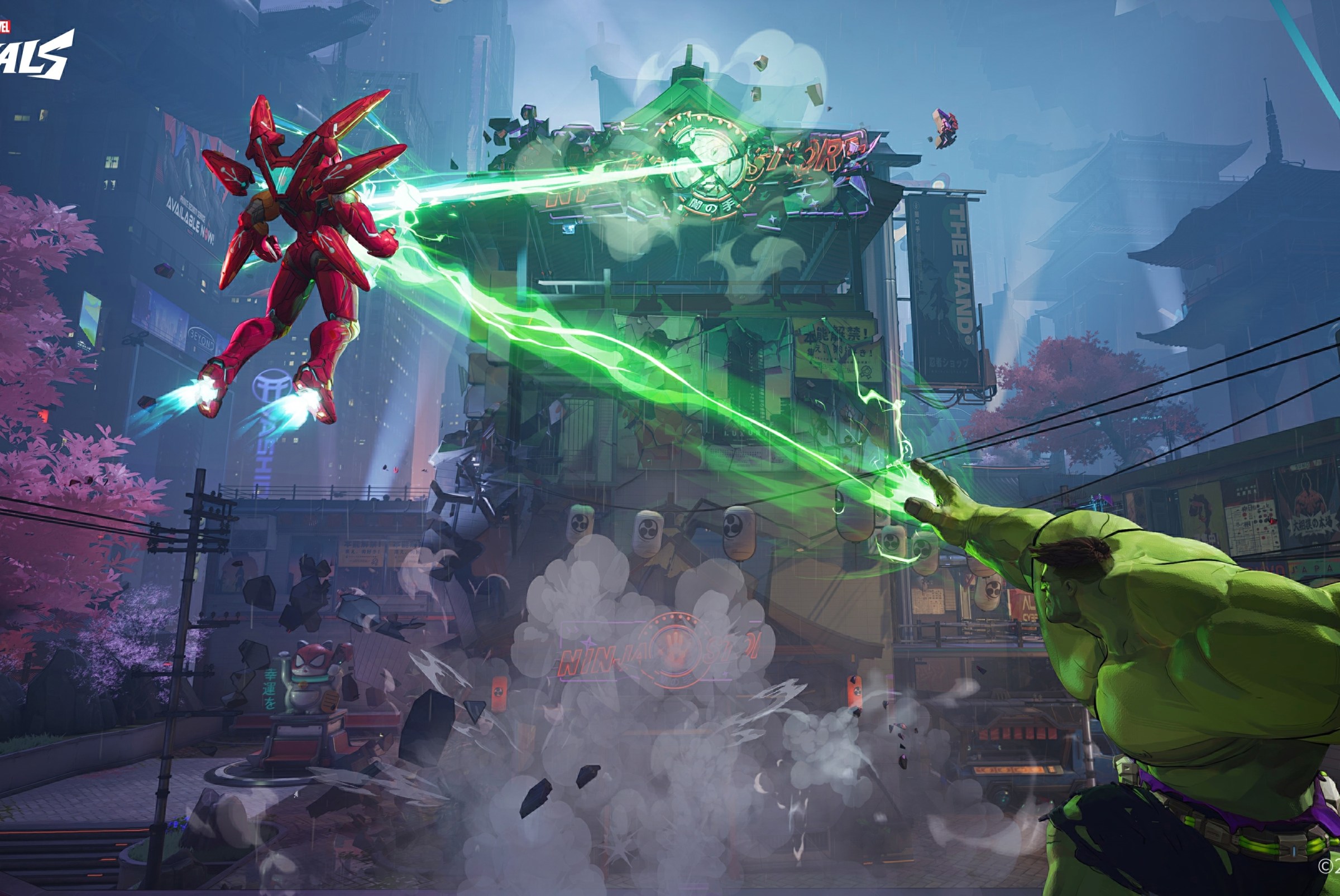 Hulk fires gamma energy from his right hand at Iron Man, who channels the energy into a building, in a screenshot from Marvel Rivals