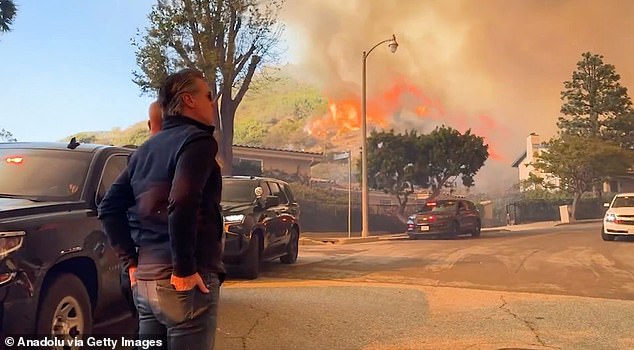 Pictured: Gavin Newsom watches as a wildfire rages in an affluent area of ​​Los Angeles on January 7. The governor was criticized for this photo, with some claiming it was a photo op.