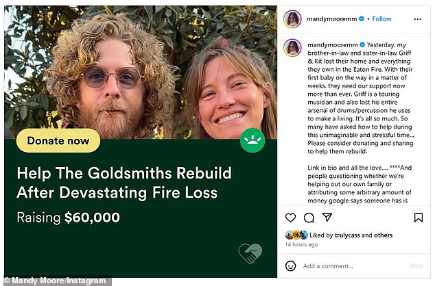 The bruhaha started Friday when Moore posted information about the fundraiser for her brother-in-law Griffin Goldsmith and his wife Kit, launched by Hillary Duff's husband Matt Koma. By early Sunday, it had raised more than $200,000