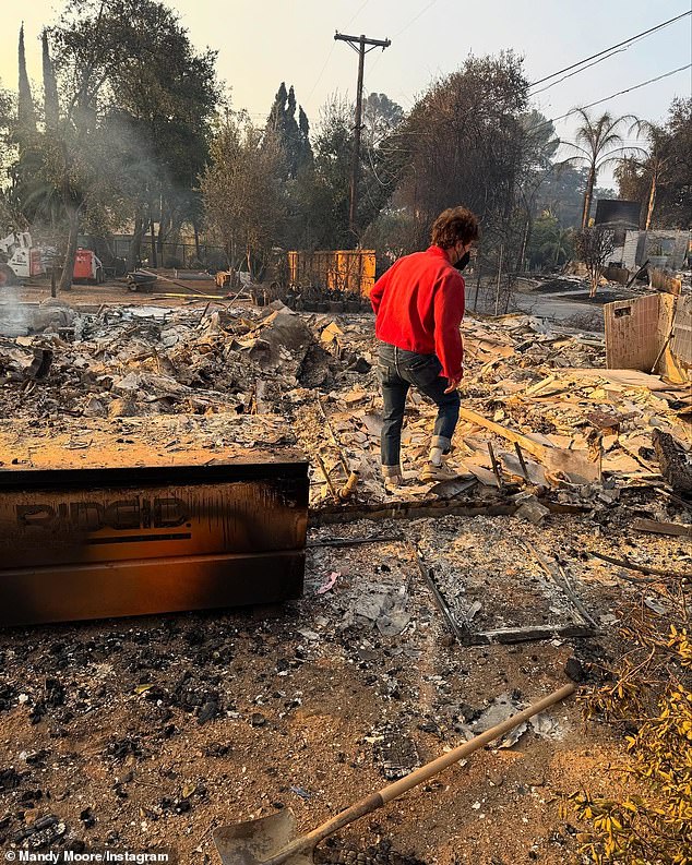 Moore and her husband, Dawes frontman Taylor Goldsmith, shared photos of the damage the fire caused to their home, although part of the house survived