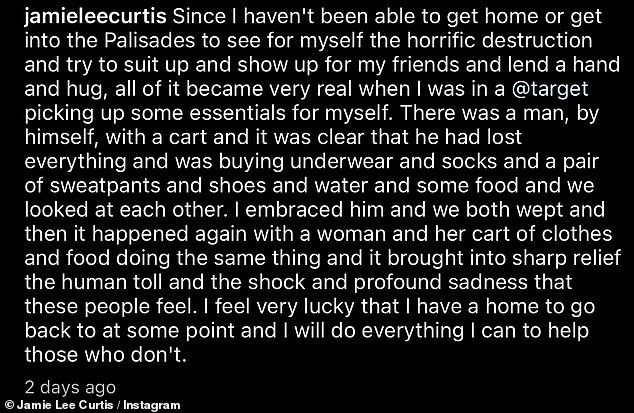 While shopping at the major US retailer, she came across a man who had 'lost everything' in the fires as the two shared a hug.