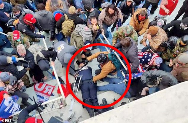 Shocking footage from the Capitol shows the MAGA gang assaulting a cop with flagpoles