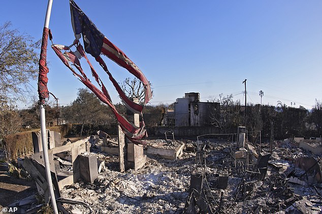 An American flag is seen in tatters flying over a burned house after the Palisades Fire