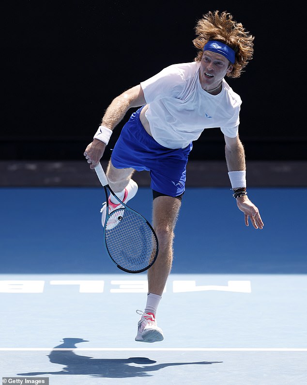 Rublev (pictured in practice ahead of this week's Australian Open) says he now feels ashamed watching footage of his emotional breakdowns