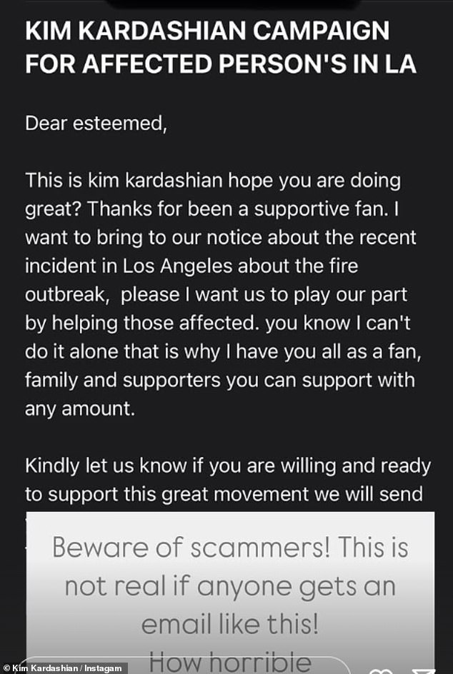 She shared a photo of one such scam - presented as a campaign launched by the TV personality to raise money for those affected by the disaster - and wrote: 