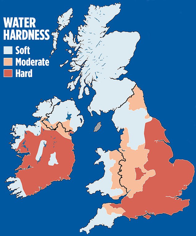 Softwater areas include Scotland, most of Yorkshire, Cornwall and the west and south coasts of Wales