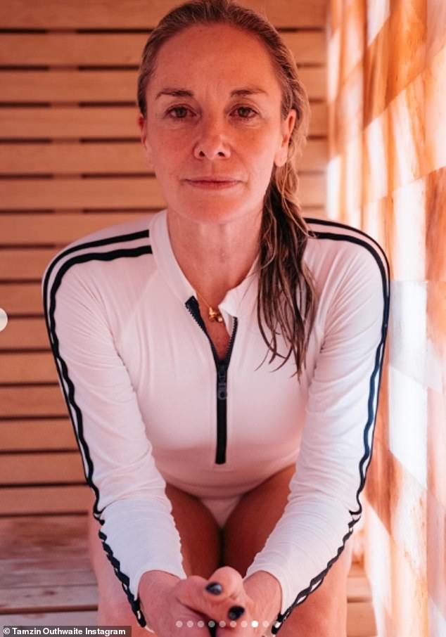 Tamzin also made the most of the cruise facilities as she relaxed in a sauna in a sporty white long-sleeved swimsuit