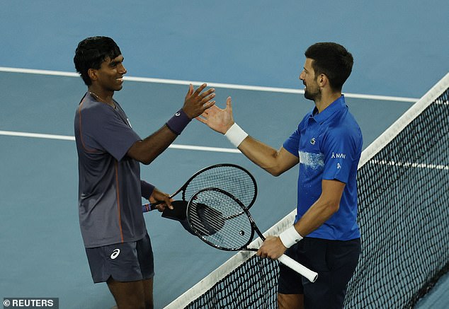 Djokovic defeated 19-year-old Nishesh Basavareddy (left) in the first round on Monday