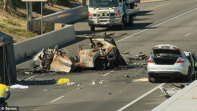 The aftermath of the horror crash on the Leach Highway near Perth Airport that left four people dead