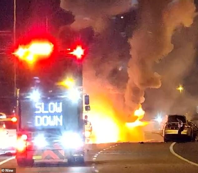 Four people were killed in the fiery crash after a Toyota RAV4 driving on the wrong side of the road collided head-on with a taxi and burst into flames (pictured)