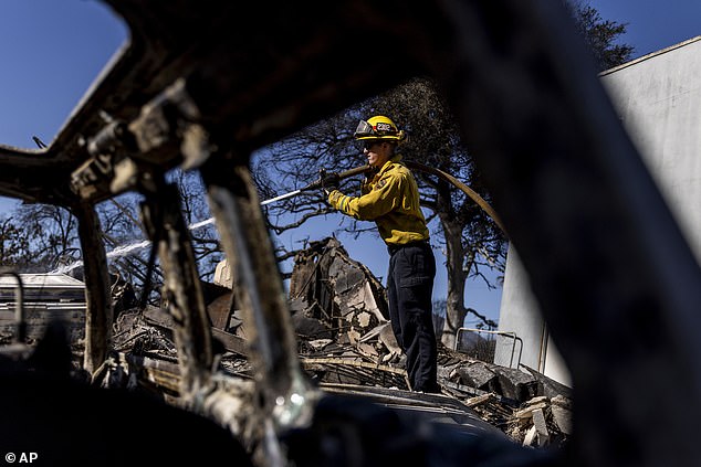 Firefighters enter day six of battling three separate wildfires burning more than 80,000 acres, with Pacific Palisades 13% contained and the Altadena area 27% contained (Eaton Fire pictured Sunday)