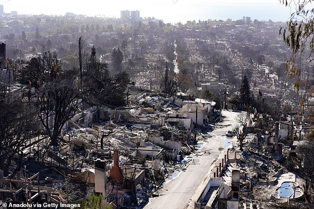 More than 105,000 residents are still under evacuation orders as damage and economic loss are estimated to cost between $135 billion and $150 billion (Palisades Fire pictured Sunday)