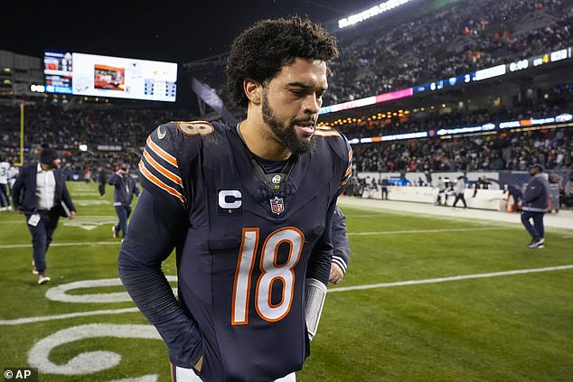 Chicago Bears quarterback Caleb Williams leaves the field after a loss on December 26