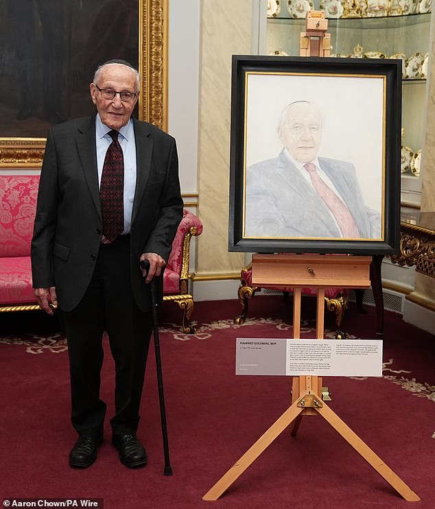 Mr. Goldberg, who posed with a painting of himself, also experienced death marches, in which weak prisoners were forced to walk long distances, many dying along the way.