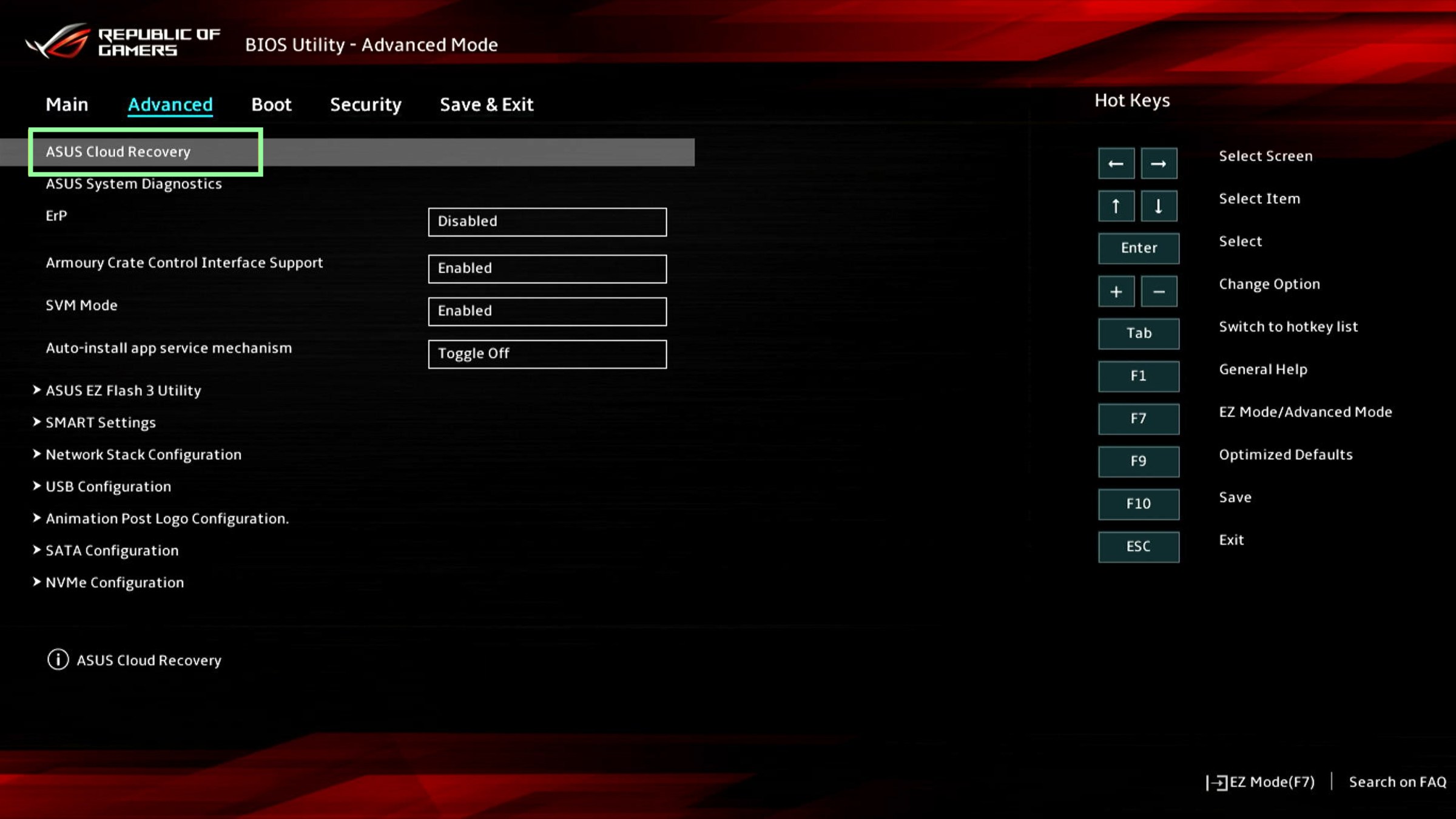 The advanced menu of the BIOS screen on ROG Ally