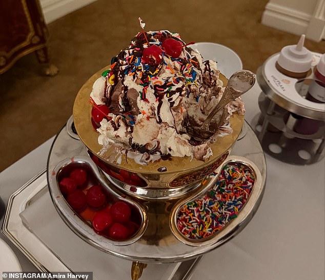 The expensive menu item consists of 16 scoops of ice cream, whipped cream, maraschino cherries, M&Ms, brownie pieces, chocolate, caramel and raspberry sauce