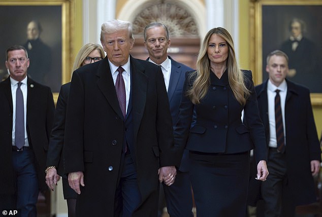 President-elect Donald Trump and new first lady Melania Trump arrive to pay their respects to the late President Jimmy Carter on Wednesday, January 8, 2025, as his casket stands in the Rotunda of the U.S. Capitol