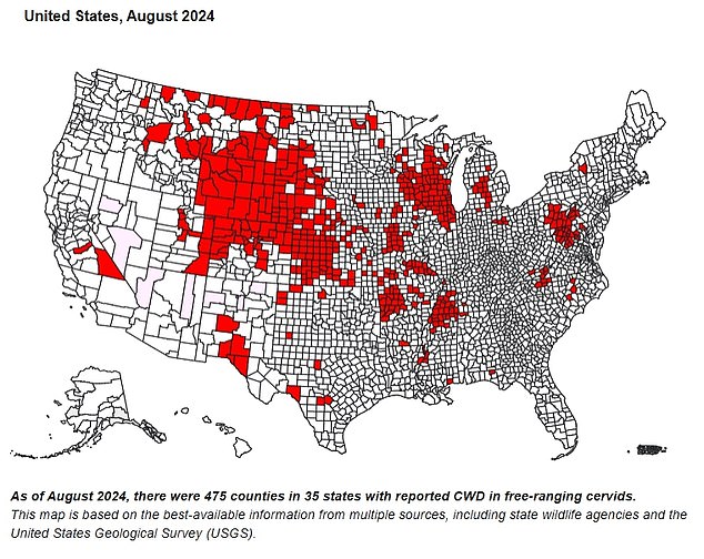 The map above shows all counties where CWD has been found in deer through August 2024