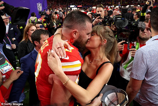 Kelce and Swift kissed on the field after the Chiefs won the Super Bowl in Las Vegas last year