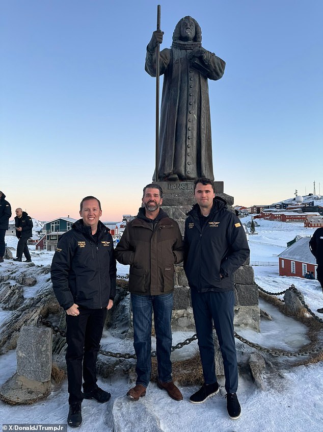 Trump Jr. alongside Sergio Gor (L) and Turning Point USA founder Charlie Kirk (R) in Greenland