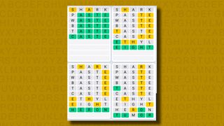 Quordle Daily Sequence answers for game 1086 on a yellow background