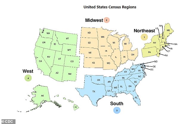 The map above shows which states fit into the U.S. Census Regions into which the CDC has divided norovirus infections