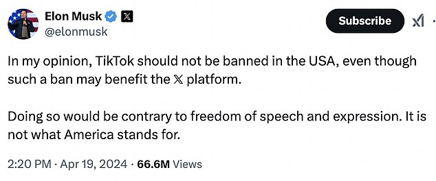 Despite his support for Trump, Musk has publicly opposed the TikTok ban