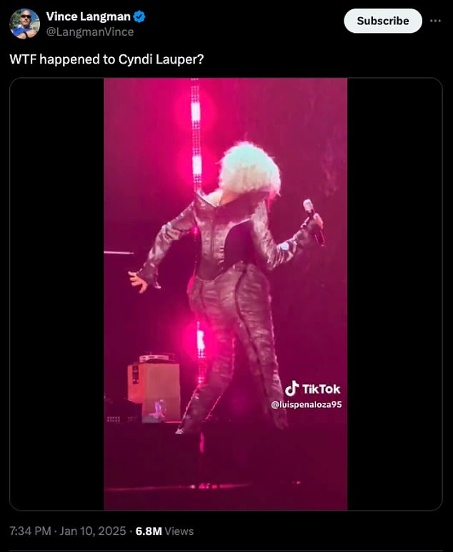 The clip showed the Girls Just Want to Have Fun hitmaker with teal hair and a metallic silver outfit. “WTF happened to Cyndi Lauper?” read the caption of the message