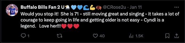 'She's 71 - still moving great and singing - it takes a lot of courage to carry on in life and growing older isn't easy - Cyndi is a legend'