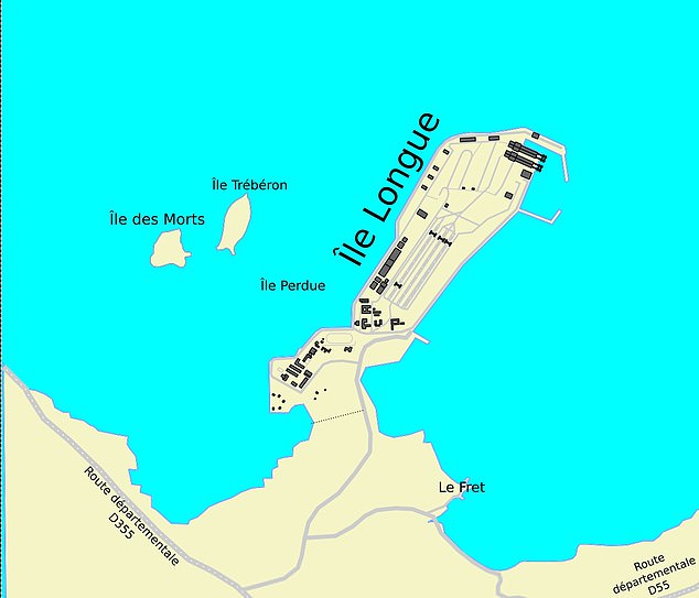 A map of the Ile Longue naval base near Brest on the west coast of France