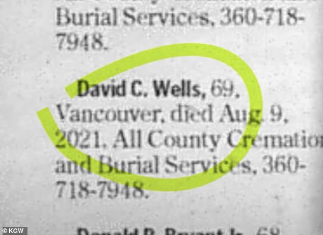 The following week an obituary for David Wells was published in the newspaper