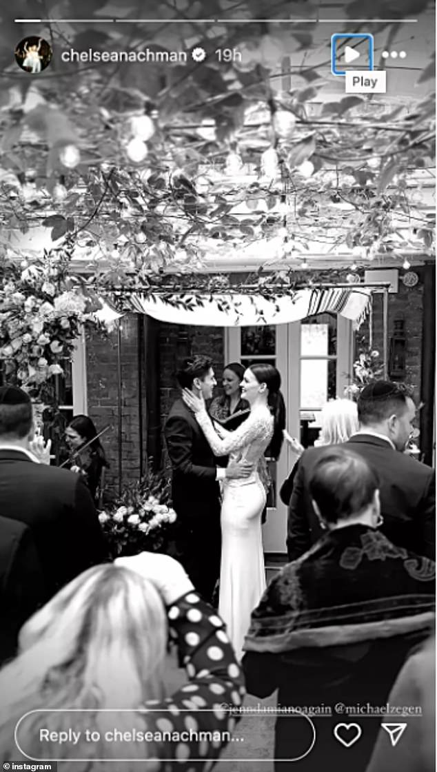 Chelsea Nachman shared a photo of the newlyweds under a traditional Jewish chuppah in a flower-filled courtyard