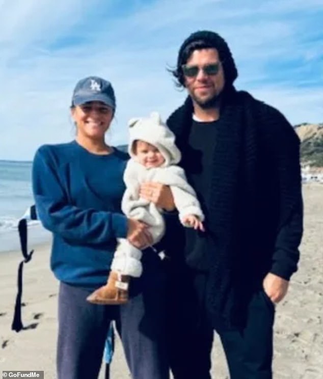 The couple evacuated their mobile home park in Pacific Palisades before flames engulfed their property. They are pictured with their second daughter