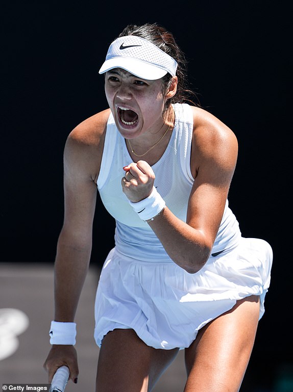 MELBOURNE, AUSTRALIA – JANUARY 14: Emma Raducanu of Great Britain reacts in the Women's Singles First Round match against Ekaterina Alexandrova during day three of the 2025 Australian Open at Melbourne Park on January 14, 2025 in Melbourne, Australia. (Photo by Shi Tang/Getty Images)