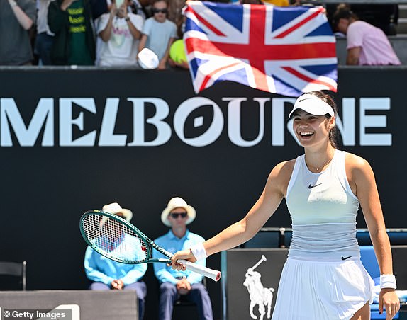 MELBOURNE, AUSTRALIA – JANUARY 14: Emma Raducanu of Great Britain after beating Ekaterina Alexandrova in the Women's Singles First Round match during day three of the 2025 Australian Open at Melbourne Park on January 14, 2025 in Melbourne, Australia. (Photo by James D. Morgan/Getty Images)