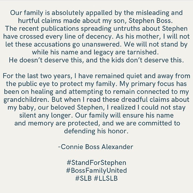 The boss's mother, Connie, released a statement on Jan. 9 saying the family is 