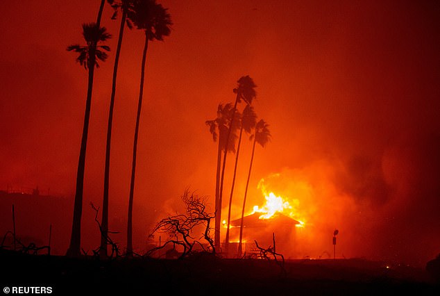 Pictured: The Palisades Fire burns near the beach during a storm in LA on Tuesday