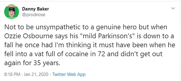 Baker was condemned by social media users in 2020 after he joked that former Black Sabbath singer Ozzy Osbourne's cocaine use had caused him to develop Parkinson's disease.