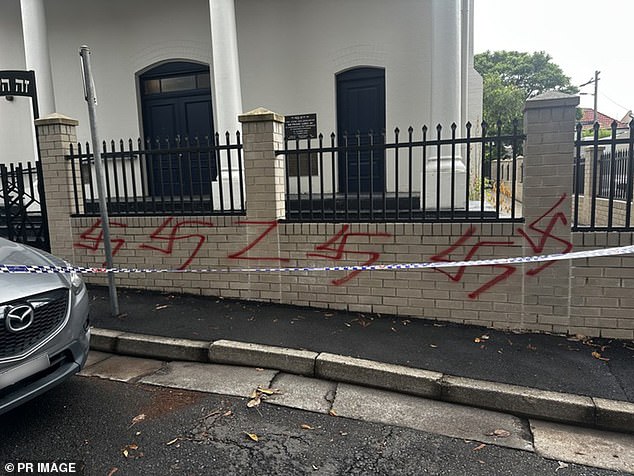 About ten red swastikas were spray-painted on the front walls of the Newtown Synagogue (pictured) in Sydney's inner west last Saturday