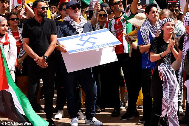 Restaurateur Alan Yazbek pleaded guilty to displaying a Nazi symbol at a pro-Palestinian rally in Sydney's Hyde Park on October 6 last year (pictured)