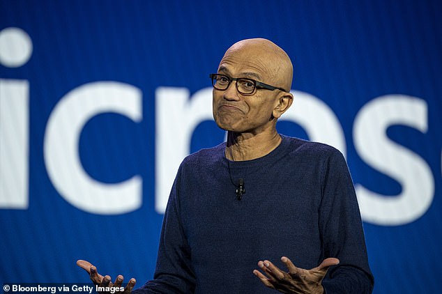 Microsoft, led by Satya Nadella (pictured), is seen as 'kind of a dark horse' in the three-way race to reach a $4 trillion valuation