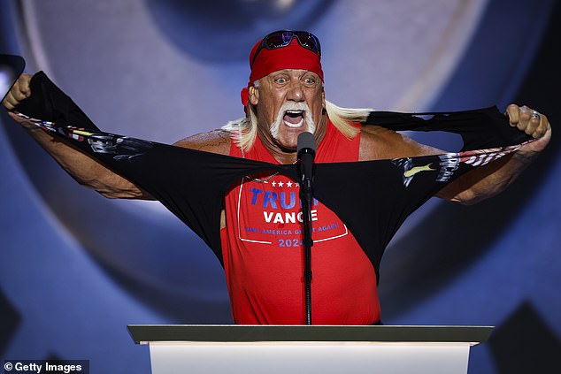 Hogan rips his shirt while speaking on the fourth day of the Republican National Convention