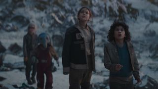 KB, Neel, Fern and Wim stand in an icy location in Star Wars: Skeleton Crew