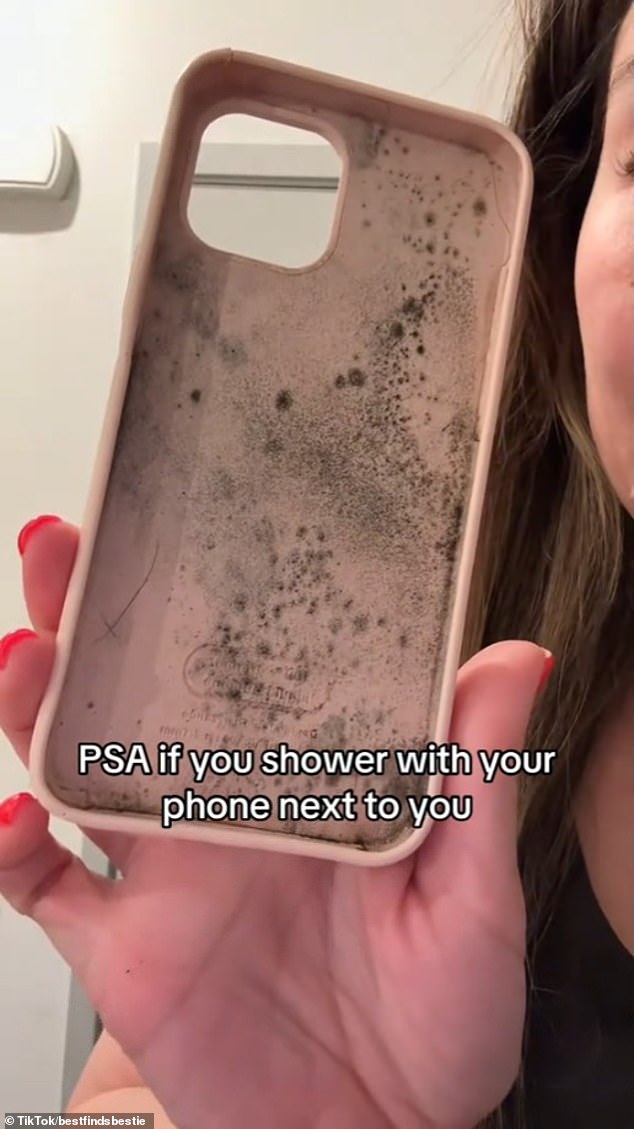 Andi took off her iPhone case and discovered it was covered in black mold. She admitted that she always took her phone into the bathroom while showering to listen to music