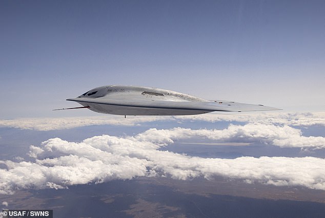 An undated photo released by the US Air Force in May 2024 shows a B-21 Raider conducting ground testing, taxiing and flight operations at Edwards Air Force Base, California.