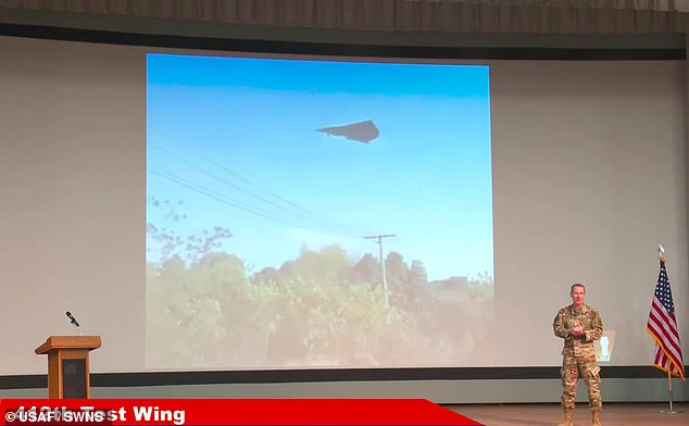 Brig. Gen. Doug Wickert, commander of the Air Force's 412th Test Wing, shows images of China's potential "sixth generation" fighter jets during a presentation at Edwards Air Force Base on January 6, 2025