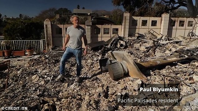 Farhad's neighbor Paul Blyumkin stood in the rubble of his home as he told ITV News it was 'truly a paradise lost' - Mr Ashofteh's home can be seen in the background